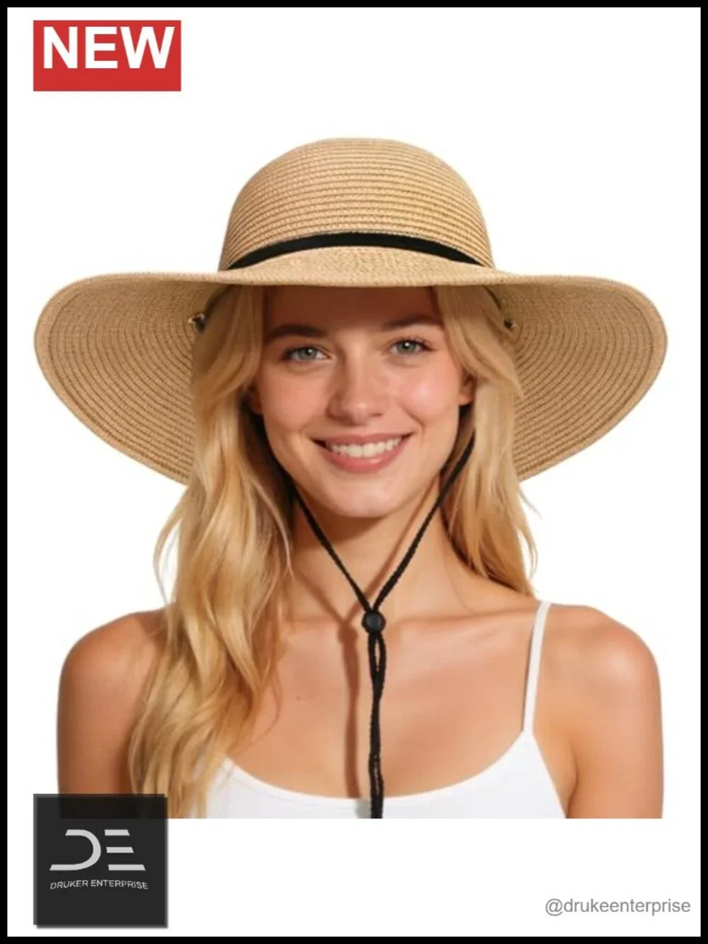 Wide Brim Straw Hat with Chin Strap UPF 50+ Sun Protection